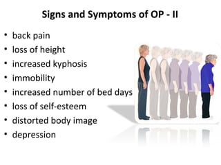 Signs and Symptoms of OP - II
•   back pain
•   loss of height
•   increased kyphosis
•   immobility
•   increased number of bed days
•   loss of self-esteem
•   distorted body image
•   depression
 