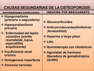 CAUSAS SEGUNDARIAS DE LA OSTEOPOROSIS
ENFERMEDADES/CONDICIONES
 Hipogonadismo
(primario o segundario)
 Hiperparatisolismo
primario
 Enfermedad del tejido
conectivo (artritis
reumatoide ,lupus,
espondilitis
anquilosante)
 Insuficiencia renal
crónica
 Ontogénesis imperfecta
 Anorexia nerviosa
INDUCIDA POR MEDICAMENTO
 Glucocorticoides
 Anticonvulsivantes(fenitoinas
,fenobarbital)
 Heparina a largo plazo
 Litio
 Quimioterapia con citotóxicos
 Agonistas de hormona
liberadora de gonadotropina
(GnRH)
 