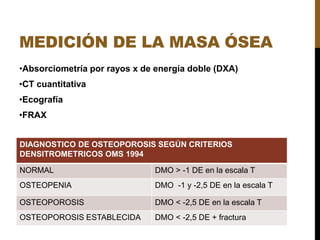 MEDICIÓN DE LA MASA ÓSEA
•Absorciometría por rayos x de energía doble (DXA)
•CT cuantitativa
•Ecografía
•FRAX
DIAGNOSTICO DE OSTEOPOROSIS SEGÚN CRITERIOS
DENSITROMETRICOS OMS 1994
NORMAL DMO > -1 DE en la escala T
OSTEOPENIA DMO -1 y -2,5 DE en la escala T
OSTEOPOROSIS DMO < -2,5 DE en la escala T
OSTEOPOROSIS ESTABLECIDA DMO < -2,5 DE + fractura
 