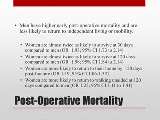 Post-Operative Mortality
• Men have higher early post-operative mortality and are
less likely to return to independent living or mobility.
• Women are almost twice as likely to survive at 30 days
compared to men (OR 1.93; 95% CI 1.73 to 2.14)
• Women are almost twice as likely to survive at 120 days
compared to men (OR 1.98; 95% CI 1.84 to 2.14)
• Women are more likely to return to their home by 120 days
post-fracture (OR 1.19, 95% CI 1.06-1.32)
• Women are more likely to return to walking unaided at 120
days compared to men (OR 1.25; 95% CI 1.11 to 1.41)
 