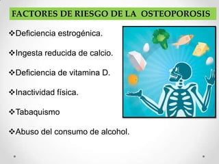 FACTORES DE RIESGO DE LA OSTEOPOROSIS

Deficiencia estrogénica.

Ingesta reducida de calcio.

Deficiencia de vitamina D.

Inactividad física.

Tabaquismo

Abuso del consumo de alcohol.
 