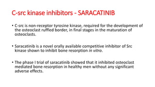 C-src kinase inhibitors - SARACATINIB
• C-src is non-receptor tyrosine kinase, required for the development of
the osteoclast ruffled border, in final stages in the maturation of
osteoclasts.
• Saracatinib is a novel orally available competitive inhibitor of Src
kinase shown to inhibit bone resorption in vitro.
• The phase I trial of saracatinib showed that it inhibited osteoclast
mediated bone resorption in healthy men without any significant
adverse effects.
 
