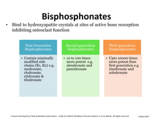 Bisphosphonates: Zoledronic acid
Zoledronic acid
• Intracellular accumulation of Zolephos inhibits osteoclastic activity b...
