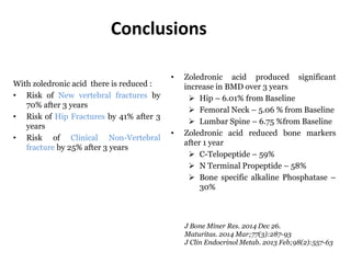 Conclusions
• Zoledronic Acid had an absolute relative reduction of 35% for New
Clinical
Fractures as compared to Placebo
...