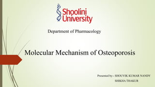 Molecular Mechanism of Osteoporosis
Presented by:- SHOUVIK KUMAR NANDY
SHIKHA THAKUR
Department of Pharmacology
 