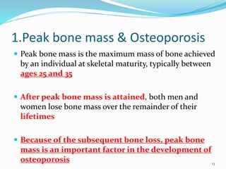 1.Peak bone mass & Osteoporosis
 Peak bone mass is the maximum mass of bone achieved
by an individual at skeletal maturity, typically between
ages 25 and 35
 After peak bone mass is attained, both men and
women lose bone mass over the remainder of their
lifetimes
 Because of the subsequent bone loss, peak bone
mass is an important factor in the development of
osteoporosis 13
 