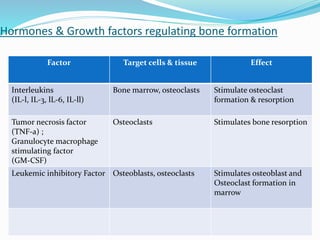 Hormones & Growth factors regulating bone formation
Factor Target cells & tissue Effect
Interleukins
(IL-l, IL-3, lL-6, IL-ll)
Bone marrow, osteoclasts Stimulate osteoclast
formation & resorption
Tumor necrosis factor
(TNF-a) ;
Granulocyte macrophage
stimulating factor
(GM-CSF)
Osteoclasts Stimulates bone resorption
Leukemic inhibitory Factor Osteoblasts, osteoclasts Stimulates osteoblast and
Osteoclast formation in
marrow
 