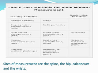 Sites of measurement are the spine, the hip, calcaneum
and the wrists.
 