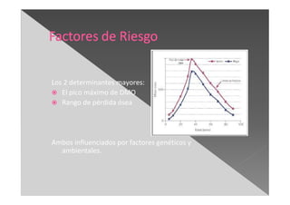 Los 2 determinantes mayores:
El pico máximo de DMO
Rango de pérdida ósea
Ambos influenciados por factores genéticos y
ambientales.
 