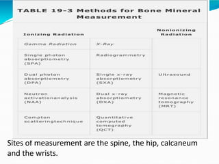 Sites of measurement are the spine, the hip, calcaneum
and the wrists.
 