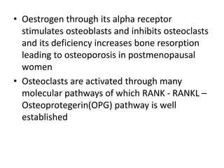 • Oestrogen through its alpha receptor
stimulates osteoblasts and inhibits osteoclasts
and its deficiency increases bone resorption
leading to osteoporosis in postmenopausal
women
• Osteoclasts are activated through many
molecular pathways of which RANK - RANKL –
Osteoprotegerin(OPG) pathway is well
established
 
