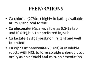 PREPARATIONS
• Ca chloride(27%ca)-highly irritating,available
as im,iv and oral forms
• Ca gluconate(9%ca)-availble as 0.5-1g tab
and10% inj,it is the preferred inj salt
• Ca lactate(13%ca)-oral,non irritant and well
tolerated
• Ca diphasic phosohate(23%ca)-is insoluble
reacts with HCL to form soluble chloride,used
orally as an antacid and ca supplementation
 
