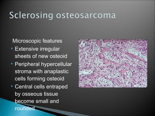 Microscopic features
 Extensive irregular
sheets of new osteoid
 Peripheral hypercellular
stroma with anaplastic
cells forming osteoid
 Central cells entraped
by osseous tissue
become small and
rounded
 