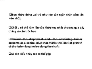 Sụn khớp đóng vai trò như rào cản ngăn chận xâm lấn
vào khớp
Khối u có thể xâm lấn vào khớp tuy nhất thường qua dây
chằng và cấu trúc bao
Toward the diaphyseal end, the advancing tumor
presents as a conical plug that marks the limit of growth
of the lesion lengthwise along the shaft.
Di căn kiểu nhảy cóc có thể gặp
 