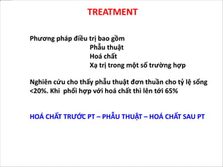 TREATMENT
Phương pháp điều trị bao gồm
Phẫu thuật
Hoá chất
Xạ trị trong một số trường hợp
Nghiên cứu cho thấy phẫu thuật đơn thuần cho tỷ lệ sống
<20%. Khi phối hợp với hoá chất thì lên tới 65%
HOÁ CHẤT TRƯỚC PT – PHẪU THUẬT – HOÁ CHẤT SAU PT
 