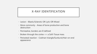 X-RAY IDENTIFICATION
• Lesion – Blastic/Sclerotic OR Lytic OR Mixed
• More commonly - Areas of bone production and bone
destruction
• Permeative, borders are ill defined
• Broken through the cortex => a Soft-Tissue mass
• Periosteal reaction - Codman triangle/Sunburst/Hair-on-end
appearance
 