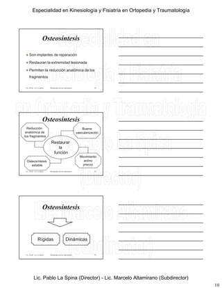 10
 Son implantes de reparación
Osteosíntesis
Lic. Tironi - Lic. La Spina Biomecánica de las osteosíntesis
 Restauran la extremidad lesionada
 Permiten la reducción anatómica de los
fragmentos
28
Osteosíntesis
Restaurar
Reducción
anatómica de
los fragmentos
Buena
vascularización
Lic. Tironi - Lic. La Spina Biomecánica de las osteosíntesis
la
función
Movimiento
activo
precoz
Osteosíntesis
estable
29
Osteosíntesis
Lic. Tironi - Lic. La Spina Biomecánica de las osteosíntesis
Rígidas Dinámicas
30
Especialidad en Kinesiología y Fisiatría en Ortopedia y Traumatología
Lic. Pablo La Spina (Director) - Lic. Marcelo Altamirano (Subdirector)
 