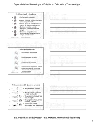 2
Lesión músculo – tendinosa
 No hay lesión muscular
 Lesión muscular circunscripta a un
único compartimiento
 Lesión muscular considerable, al
menos de dos compartimientos
Lic. Tironi - Lic. La Spina Biomecánica de las osteosíntesis
menos de dos compartimientos
 Defecto muscular, sección
tendinosa, contusión muscular
amplia
 Síndrome compartimental o
síndrome de aplastamiento con
amplia zona de lesión
4
Lesión neurovascular
 No hay lesión neurovascular
 Lesión aislada de un nervio
Lic. Tironi - Lic. La Spina Biomecánica de las osteosíntesis
 Lesión vascular localizada
 Lesión vascular segmentaria extensa
 Lesión neurovascular combinada,
incluyendo la amputación parcial o
incluso completa
5
Lesiones cutáneas IC (fracturas cerradas)
 No hay lesión cutánea
 No hay herida cutánea,
pero sí contusión
 Despegamiento cutáneo
Lic. Tironi - Lic. La Spina Biomecánica de las osteosíntesis
 Despegamiento cutáneo
circunscripto
 Despegamiento cutáneo
extenso, cerrado
 Necrosis cutánea
secundaria a la contusión
6
Especialidad en Kinesiología y Fisiatría en Ortopedia y Traumatología
Lic. Pablo La Spina (Director) - Lic. Marcelo Altamirano (Subdirector)
 