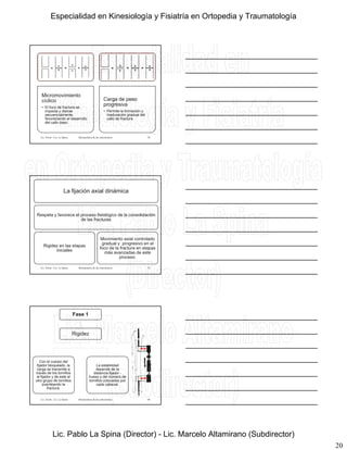 20
MicromovimientoMicromovimiento
cíclico
• El foco de fractura se
impacta y distrae
secuencialmente,
favoreciendo el desarrollo
del callo óseo.
Carga de peso
progresiva
• Permite la formación y
maduración gradual del
callo de fractura
Lic. Tironi - Lic. La Spina 58Biomecánica de las osteosíntesis
La fijación axial dinámica
Respeta y favorece el proceso fisiológico de la consolidación
de las fracturas
Rigidez en las etapas
iniciales
Movimiento axial controlado
gradual y progresivo en el
foco de la fractura en etapas
más avanzadas de este
proceso.
Lic. Tironi - Lic. La Spina 59Biomecánica de las osteosíntesis
Fase 1
Rigidez
Con el cuerpo del
fijador bloqueado, la
carga se transmite a
través de los tornillos
al fijador y de este al
otro grupo de tornillos
puenteando la
fractura.
La estabilidad
depende de la
distancia fijador -
hueso y del número de
tornillos colocados por
cada cabezal.
Lic. Tironi - Lic. La Spina 60Biomecánica de las osteosíntesis
Especialidad en Kinesiología y Fisiatría en Ortopedia y Traumatología
Lic. Pablo La Spina (Director) - Lic. Marcelo Altamirano (Subdirector)
 