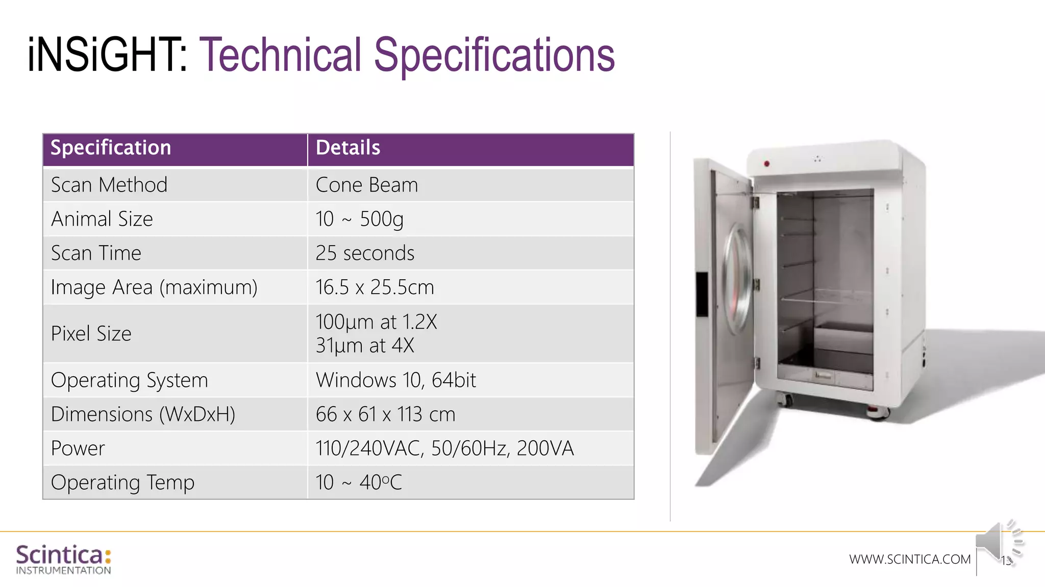 WWW.SCINTICA.COM
iNSiGHT: Technical Specifications
13
Specification Details
Scan Method Cone Beam
Animal Size 10 ~ 500g
Scan Time 25 seconds
Image Area (maximum) 16.5 x 25.5cm
Pixel Size
100µm at 1.2X
31µm at 4X
Operating System Windows 10, 64bit
Dimensions (WxDxH) 66 x 61 x 113 cm
Power 110/240VAC, 50/60Hz, 200VA
Operating Temp 10 ~ 40oC
 