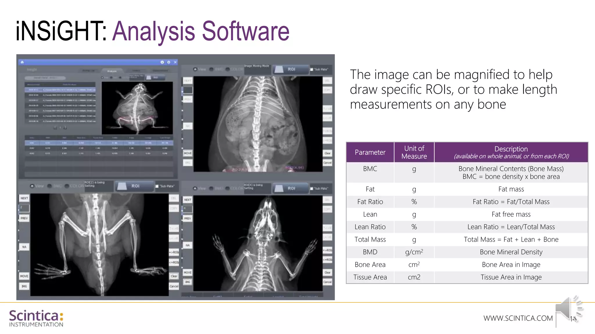 WWW.SCINTICA.COM
iNSiGHT: Analysis Software
14
Parameter
Unit of
Measure
Description
(available on whole animal, or from each ROI)
BMC g Bone Mineral Contents (Bone Mass)
BMC = bone density x bone area
Fat g Fat mass
Fat Ratio % Fat Ratio = Fat/Total Mass
Lean g Fat free mass
Lean Ratio % Lean Ratio = Lean/Total Mass
Total Mass g Total Mass = Fat + Lean + Bone
BMD g/cm2 Bone Mineral Density
Bone Area cm2 Bone Area in Image
Tissue Area cm2 Tissue Area in Image
The image can be magnified to help
draw specific ROIs, or to make length
measurements on any bone
 