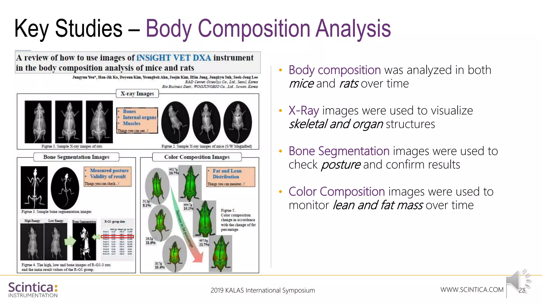 WWW.SCINTICA.COM
Key Studies – Body Composition Analysis
• Body composition was analyzed in both
mice and rats over time
• X-Ray images were used to visualize
skeletal and organ structures
• Bone Segmentation images were used to
check posture and confirm results
• Color Composition images were used to
monitor lean and fat mass over time
22
2019 KALAS International Symposium
 