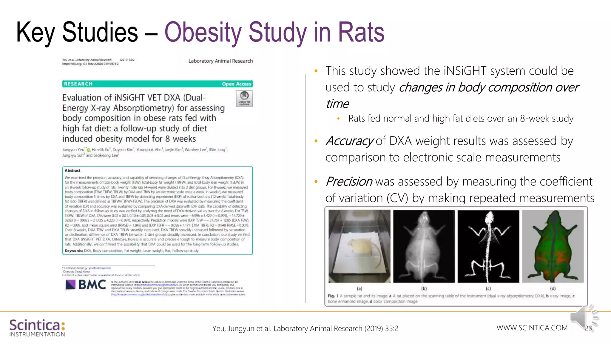 WWW.SCINTICA.COM
Key Studies – Obesity Study in Rats
• This study showed the iNSiGHT system could be
used to study changes in body composition over
time
• Rats fed normal and high fat diets over an 8-week study
• Accuracy of DXA weight results was assessed by
comparison to electronic scale measurements
• Precision was assessed by measuring the coefficient
of variation (CV) by making repeated measurements
at week 8
23
Yeu, Jungyun et al. Laboratory Animal Research (2019) 35:2
 