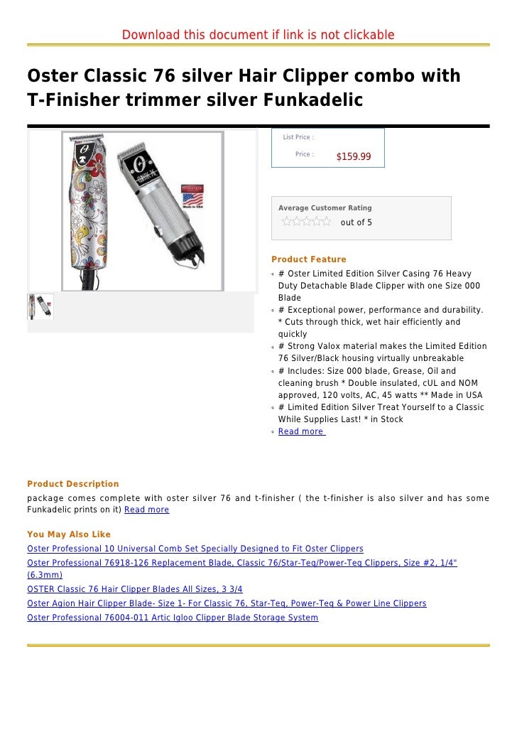 Oster Classic 76 Silver Hair Clipper Combo With T Finisher