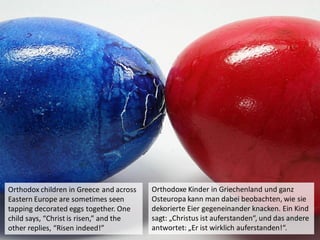Orthodox children in Greece and across
Eastern Europe are sometimes seen
tapping decorated eggs together. One
child says, “Christ is risen,” and the
other replies, “Risen indeed!”
Orthodoxe Kinder in Griechenland und ganz
Osteuropa kann man dabei beobachten, wie sie
dekorierte Eier gegeneinander knacken. Ein Kind
sagt: „Christus ist auferstanden“, und das andere
antwortet: „Er ist wirklich auferstanden!“.
 