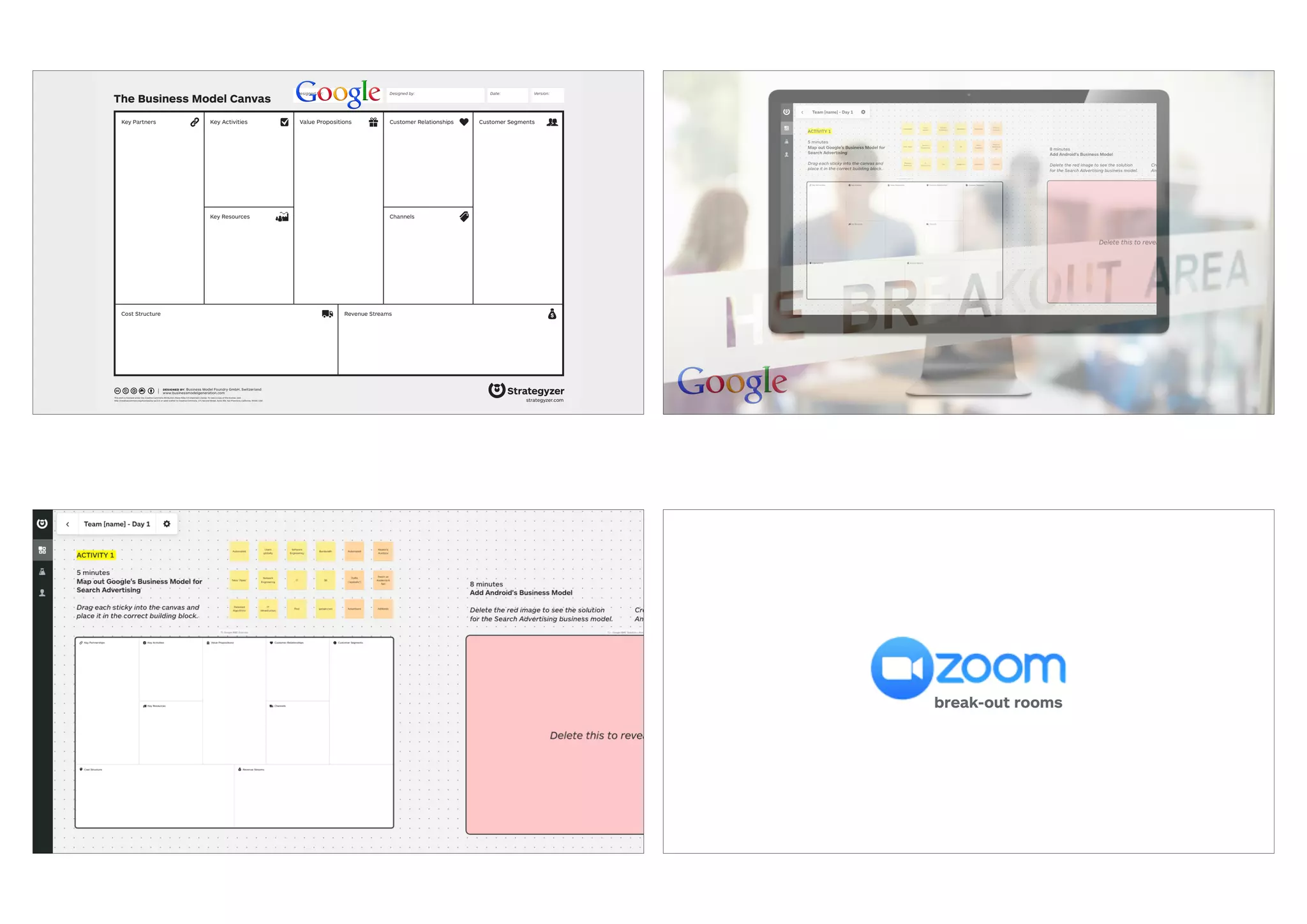 The Business Model Canvas
Revenue Streams
Channels
Customer SegmentsValue PropositionsKey ActivitiesKey Partners
Key Resources
Cost Structure
Customer Relationships
Designed by: Date: Version:Designed for:
designed by: Business Model Foundry GmbH, Switzerland
www.businessmodelgeneration.com
This work is licensed under the Creative Commons Attribution-Share Alike 3.0 Unported License. To view a copy of this license, visit:
http://creativecommons.org/licenses/by-sa/3.0/ or send a letter to Creative Commons, 171 Second Street, Suite 300, San Francisco, California, 94105, USA. strategyzer.com
break-out rooms
 