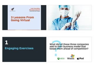 3 Lessons From
Going Virtual
?
1
Engaging Exercises
?What did all these three companies
add to their business model that
keeps them ahead of competition?
 