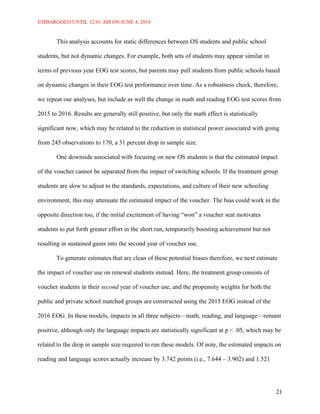 EMBARGOED UNTIL 12:01 AM ON JUNE 4, 2018
21
This analysis accounts for static differences between OS students and public school
students, but not dynamic changes. For example, both sets of students may appear similar in
terms of previous year EOG test scores, but parents may pull students from public schools based
on dynamic changes in their EOG test performance over time. As a robustness check, therefore,
we repeat our analyses, but include as well the change in math and reading EOG test scores from
2015 to 2016. Results are generally still positive, but only the math effect is statistically
significant now, which may be related to the reduction in statistical power associated with going
from 245 observations to 170, a 31 percent drop in sample size.
One downside associated with focusing on new OS students is that the estimated impact
of the voucher cannot be separated from the impact of switching schools. If the treatment group
students are slow to adjust to the standards, expectations, and culture of their new schooling
environment, this may attenuate the estimated impact of the voucher. The bias could work in the
opposite direction too, if the initial excitement of having “won” a voucher seat motivates
students to put forth greater effort in the short run, temporarily boosting achievement but not
resulting in sustained gains into the second year of voucher use.
To generate estimates that are clean of these potential biases therefore, we next estimate
the impact of voucher use on renewal students instead. Here, the treatment group consists of
voucher students in their second year of voucher use, and the propensity weights for both the
public and private school matched groups are constructed using the 2015 EOG instead of the
2016 EOG. In these models, impacts in all three subjects—math, reading, and language—remain
positive, although only the language impacts are statistically significant at p < .05, which may be
related to the drop in sample size required to run these models. Of note, the estimated impacts on
reading and language scores actually increase by 3.742 points (i.e., 7.644 – 3.902) and 1.521
 