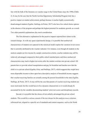 EMBARGOED UNTIL 12:01 AM ON JUNE 4, 2018
24
line with the bulk of the literature on voucher usage in the United States since the 1990s (Table
2). It may be the case that the North Carolina Opportunity Scholarship Program truly has a
positive impact on student achievement, perhaps because it reaches highly economically-
disadvantaged students (Egalite, Stallings, & Porter, 2017) who have few school choice options
in the absence of the program and perhaps the highest potential for academic growth, as a result.
Two other potential explanations also merit consideration.
The first alternative explanation for the positive impacts reported here relates to the
research design. As with any quasi-experimental design, it is possible that unobserved
characteristics of students not captured in the statistical model explain the variation in test scores
that is currently attributed to the voucher indicator. For instance, even though all students in the
analysis sample are low-income by sample construction criteria, voucher students may still be
relatively advantaged compared to their public school matched peers and these unobserved
characteristics may lead to higher test scores after the student switches into private school. OS
parents have to provide school transportation and pay for breakfast and lunches now that the
child is in a private school (Egalite, Gray, and Stallings, 2017), which suggests they might have
more disposable income to draw upon but a descriptive analysis of household income suggests
that voucher-receiving families are actually among the poorest households in the state (Egalite,
Stallings, & Porter, 2017). It may still be the case that parents of voucher-receiving students are
more motivated, but this would have to be a dynamic characteristic or it would already be
accounted for by the variables documenting students’ prior test scores and disciplinary records.
Second, it is possible that the choice of test unfairly advantaged the private school
students. This would be a serious concern if the test chosen for this analysis was a criterion-
referenced test, aligned to a specific set of standards and content sequence, such as the North
 