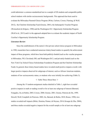 EMBARGOED UNTIL 12:01 AM ON JUNE 4, 2018
6
could administer a common standardized test to a sample of OS students and comparable public
school students with similar socioeconomic backgrounds. This approach has been used to
evaluate the Milwaukee Parental Choice Program (Witte, Carlson, Cowen, Fleming, & Wolf,
2012), the Charlotte Scholarship Fund (Greene, 2001), the Indianapolis Voucher Program
(Weinschrott & Kilgore, 1998) and the Washington D.C. Opportunity Scholarship Program
(Wolf et al., 2013) and it is the approach adopted here to evaluate the academic impact of North
Carolina’s Opportunity Scholarship Program.
Literature Review
Since the establishment of the nation’s first private school choice program in Milwaukee
in 1990, researchers have conducted numerous lottery-based studies to quantify the achievement
impact of these programs, which have been both publicly-funded (such as the voucher programs
in Milwaukee, WI; Cleveland, OH; and Washington D.C.) and privately-funded (such as the
New York City School Choice Scholarships Foundation Program and the Charlotte Scholarship
Fund). In general, these lottery-based studies have revealed small positive impacts overall, with
larger positive impacts observed for subgroups of interest, such as African American students,
students of low socioeconomic status, or students who were initially low-achieving (Table 3).
Table Three About Here
Among the 15 random-assignment studies detailed in Table 1, eight have revealed
positive impacts in math or reading overall or for at least one subgroup of interest (Barnard,
Frangakis, Jin, & Rubin, 2003; Cowen, 2008; Greene, 2001; Greene, Peterson & Du, 1999;
Howell, Wolf, Campbell, & Peterson, 2002; Jin, Barnard, & Rubin, 2010; Rouse, 1998), two
studies revealed null impacts (Bitler, Domina, Penner, & Hoynes, 2014; Krueger & Zhu, 2004),
and three studies revealed negative impacts for the overall sample or for at least one subgroup
 