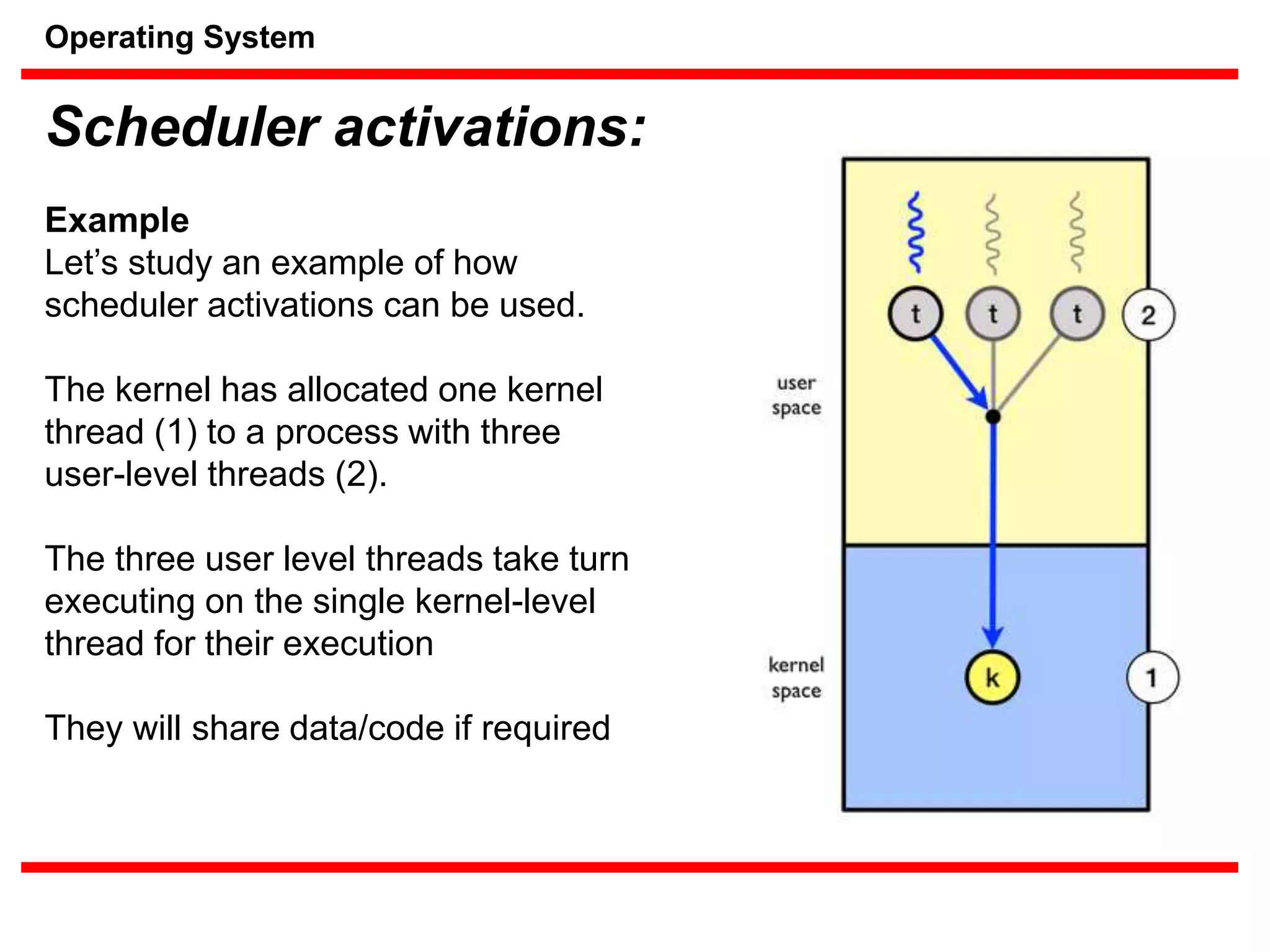Scheduler activations:
Operating System
Example
Let’s study an example of how
scheduler activations can be used.
The kernel has allocated one kernel
thread (1) to a process with three
user-level threads (2).
The three user level threads take turn
executing on the single kernel-level
thread for their execution
They will share data/code if required
 