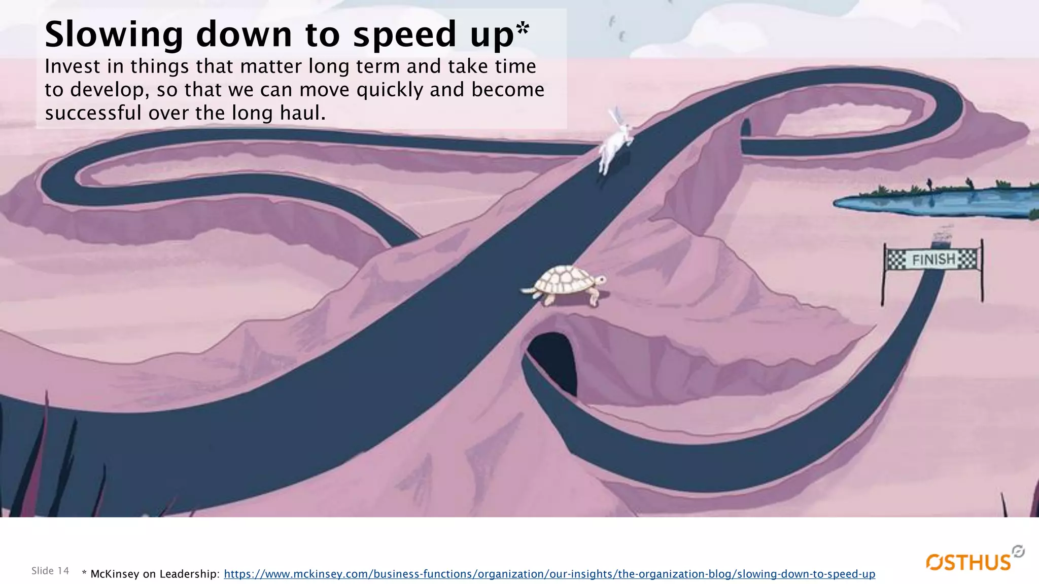 Slide 14 * McKinsey on Leadership: https://www.mckinsey.com/business-functions/organization/our-insights/the-organization-blog/slowing-down-to-speed-up
Slowing down to speed up*
Invest in things that matter long term and take time
to develop, so that we can move quickly and become
successful over the long haul.
 