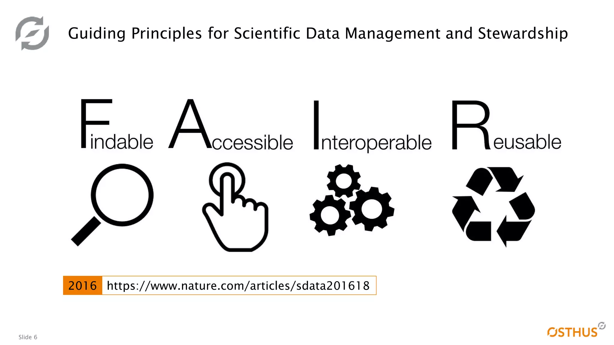 Slide 6
Guiding Principles for Scientific Data Management and Stewardship
https://www.nature.com/articles/sdata2016182016
 