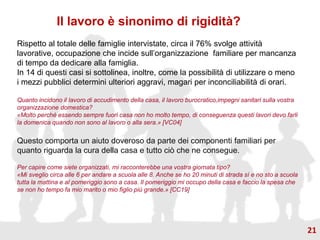 Il lavoro è sinonimo di rigidità?
Rispetto al totale delle famiglie intervistate, circa il 76% svolge attività
lavorative, occupazione che incide sull’organizzazione familiare per mancanza
di tempo da dedicare alla famiglia.
In 14 di questi casi si sottolinea, inoltre, come la possibilità di utilizzare o meno
i mezzi pubblici determini ulteriori aggravi, magari per inconciliabilità di orari.
Quanto incidono il lavoro di accudimento della casa, il lavoro burocratico,impegni sanitari sulla vostra
organizzazione domestica?
«Molto perché essendo sempre fuori casa non ho molto tempo, di conseguenza questi lavori devo farli
la domenica quando non sono al lavoro o alla sera.» [VC04]
Questo comporta un aiuto doveroso da parte dei componenti familiari per
quanto riguarda la cura della casa e tutto ciò che ne consegue.
Per capire come siete organizzati, mi racconterebbe una vostra giornata tipo?
«Mi sveglio circa alle 6 per andare a scuola alle 8. Anche se ho 20 minuti di strada sì e no sto a scuola
tutta la mattina e al pomeriggio sono a casa. Il pomeriggio mi occupo della casa e faccio la spesa che
se non ho tempo fa mio marito o mio figlio più grande.» [CC19]
21
 