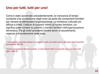 Uno per tutti, tutti per uno!
Come è stato accennato precedentemente, la mancanza di tempo
comporta una condivisione degli oneri da parte dei componenti familiari
per cercare di ottimizzare l’organizzazione. La tendenza culturale più
diffusa è,infatti, l’utilizzo di supporti interni al nucleo familiare; ciò
significa poter contare su parenti o membri familiari nell’organizzazione
domestica. Tra gli oneri possiamo trovare lavori di accudimento,
urgenze e manutenzione della casa.
“I miei genitori essendo anziani si occupano della cura della casa e del resto delle faccende
domestiche.”[BA18]
“Come occupazione faccio le pulizie. In casa faccio tutto io e quando riesce mi aiuta mia
figlia.” [BA12]
22
 