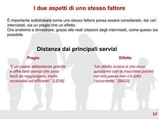 È importante sottolineare come uno stesso fattore possa essere considerato, dai vari
intervistati, sia un pregio che un difetto.
Ora andremo a dimostrare, grazie alle reali citazioni degli intervistati, come questo sia
possibile.
I due aspetti di uno stesso fattore
Distanza dai principali servizi
Pregio Difetto
“É un paese abbastanza grande
e offre tanti servizi che sono
facili da raggiungere, molto
accessibili ed efficienti.” [LE08]
“Un difetto invece è che devo
spostarmi con la macchina poiché
nel mio paese non c’è tutto
l’occorrente.” [BA20]
57
 