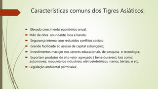 Características comuns dos Tigres Asiáticos:
 Elevado crescimento econômico anual;
 Mão de obra abundante, boa e barata;
 Segurança interna com reduzidos conflitos sociais;
 Grande facilidade ao acesso de capital estrangeiro;
 Investimentos maciços nos setores educacionais, de pesquisa e tecnologia;
 Exportam produtos de alto valor agregado ( bens-duráveis), tais como:
automóveis, maquinários industriais, eletroeletrônicos, navios, têxteis, e etc.
 Legislação ambiental permissiva;
 