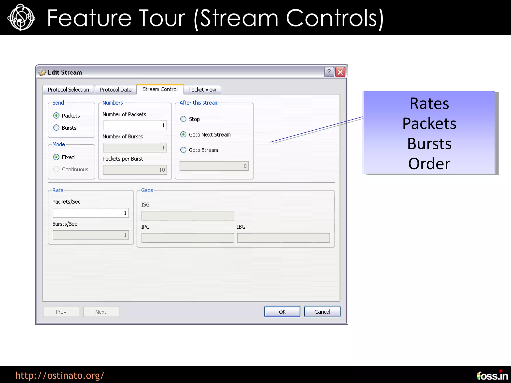 Feature Tour (Stream Controls)


                                        Rates
                                       Packets
                                        Bursts
                                        Order




http://ostinato.org/
 