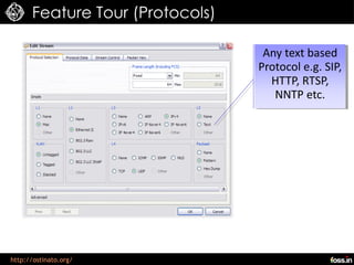 Feature Tour (Protocols)

                                  Any text based
                                 Protocol e.g. SIP,
                                   HTTP, RTSP,
                                    NNTP etc.




http://ostinato.org/
 