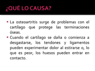La osteoartritis surge de problemas con el cartílago que protege las terminaciones óseas.  Cuando el cartílago se daña o comienza a desgastarse, los tendones y ligamentos pueden experimentar dolor al estirarse o, lo que es peor, los huesos pueden entrar en contacto. 