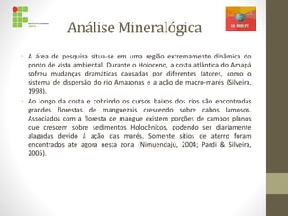 Análise Mineralógica
• A área de pesquisa situa-se em uma região extremamente dinâmica do
ponto de vista ambiental. Durante o Holoceno, a costa atlântica do Amapá
sofreu mudanças dramáticas causadas por diferentes fatores, como o
sistema de dispersão do rio Amazonas e a ação de macro-marés (Silveira,
1998).
• Ao longo da costa e cobrindo os cursos baixos dos rios são encontradas
grandes florestas de manguezais crescendo sobre cabos lamosos.
Associados com a floresta de mangue existem porções de campos planos
que crescem sobre sedimentos Holocênicos, podendo ser diariamente
alagadas devido à ação das marés. Somente sítios de aterro foram
encontrados até agora nesta zona (Nimuendajú, 2004; Pardi & Silveira,
2005).
 