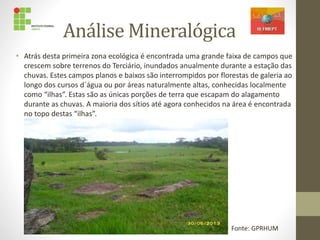 Análise Mineralógica
• Atrás desta primeira zona ecológica é encontrada uma grande faixa de campos que
crescem sobre terrenos do Terciário, inundados anualmente durante a estação das
chuvas. Estes campos planos e baixos são interrompidos por florestas de galeria ao
longo dos cursos d´água ou por áreas naturalmente altas, conhecidas localmente
como “ilhas”. Estas são as únicas porções de terra que escapam do alagamento
durante as chuvas. A maioria dos sítios até agora conhecidos na área é encontrada
no topo destas “ilhas”.
Fonte: GPRHUM
 