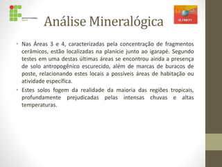 Análise Mineralógica
• Nas Áreas 3 e 4, caracterizadas pela concentração de fragmentos
cerâmicos, estão localizadas na planície junto ao igarapé. Segundo
testes em uma destas últimas áreas se encontrou ainda a presença
de solo antropogênico escurecido, além de marcas de buracos de
poste, relacionando estes locais a possíveis áreas de habitação ou
atividade específica.
• Estes solos fogem da realidade da maioria das regiões tropicais,
profundamente prejudicadas pelas intensas chuvas e altas
temperaturas.
 