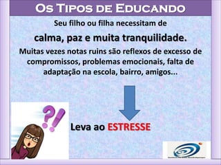 Os Tipos de Educando
Seu filho ou filha necessitam de
calma, paz e muita tranquilidade.
Muitas vezes notas ruins são reflexos de excesso de
compromissos, problemas emocionais, falta de
adaptação na escola, bairro, amigos...
Leva ao ESTRESSE
 