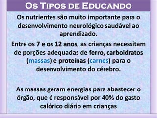 Os Tipos de Educando
Os nutrientes são muito importante para o
desenvolvimento neurológico saudável ao
aprendizado.
Entre os 7 e os 12 anos, as crianças necessitam
de porções adequadas de ferro, carboidratos
(massas) e proteínas (carnes) para o
desenvolvimento do cérebro.
As massas geram energias para abastecer o
órgão, que é responsável por 40% do gasto
calórico diário em crianças
 