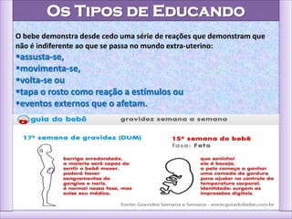 Os Tipos de Educando
O bebe demonstra desde cedo uma série de reações que demonstram que
não é indiferente ao que se passa no mundo extra-uterino:
assusta-se,
movimenta-se,
volta-se ou
tapa o rosto como reação a estímulos ou
eventos externos que o afetam.
 